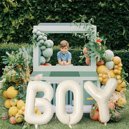 Image of 40 Inch Beige BOY Balloons, Large Cream White Sand BOY Balloon Letters with Ribbon, Ivory Alphabet Boy Balloon for Him Birthday Baby Boys Shower Boy or Girl Gender Reveal Party Decorations Supplies