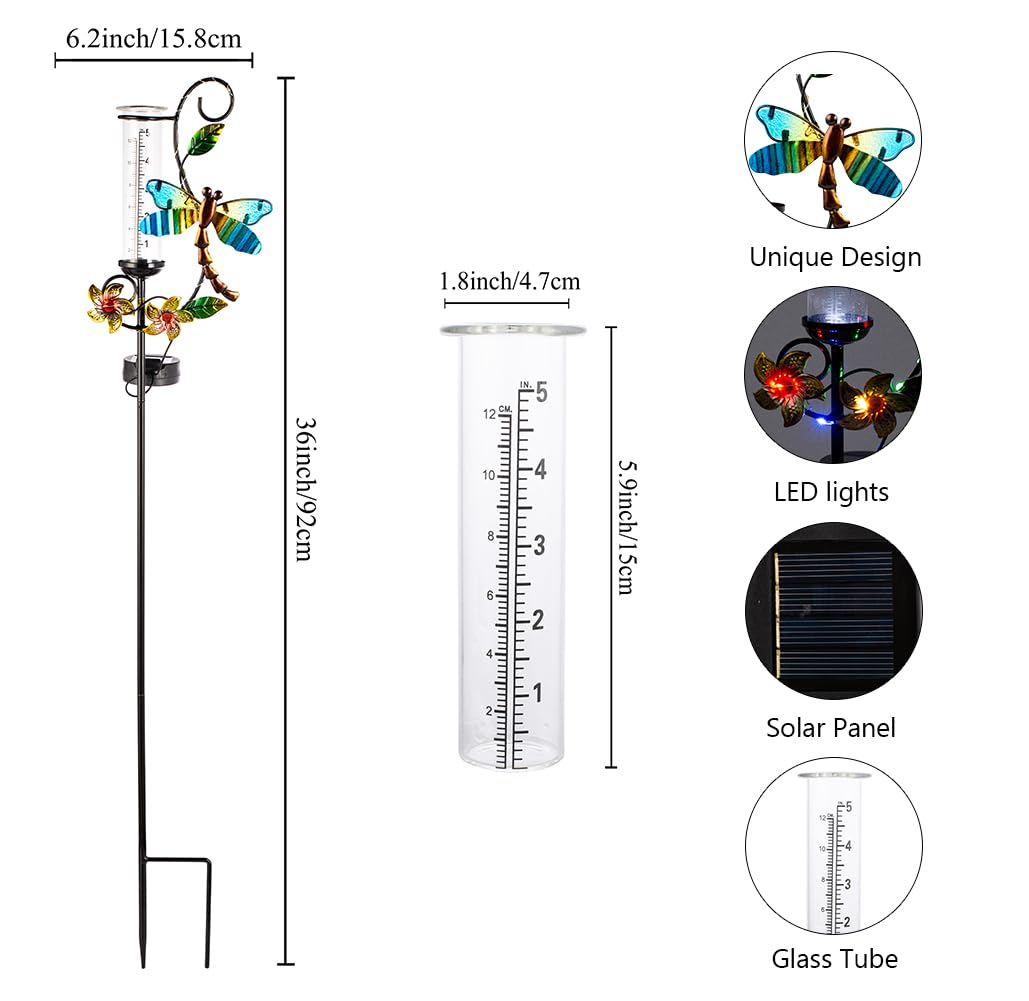 Stargarden Pluviometro per esterni, con libellula in metallo, tubo di vetro da 12,7 cm, pluviometro decorativo solare con luci a LED per cortili, prati, sentieri, patii