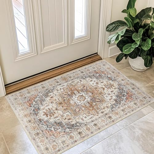 Madane Washable Area Rug 2x3, Small Entryway Rug Non-Slip Vintage Door Mat Indoor Entrance, Low Pile Floor Carpet for Inside Front Door Bedroom Kitchen Entry Laundry (2'x3', Turmeric/Grey)