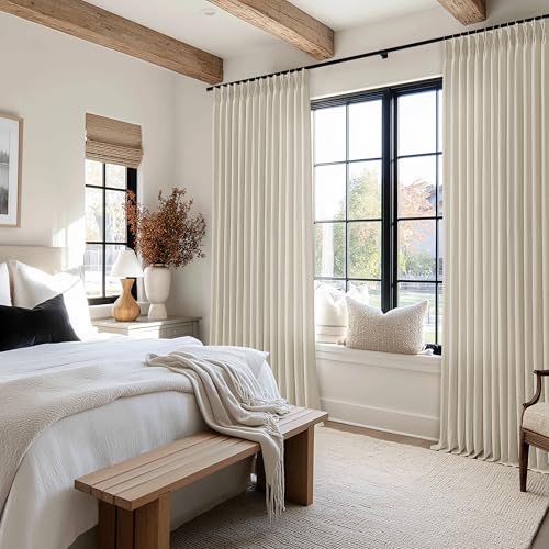 Image of Extra Wide Oatmeal Pinch Pleat Semi Sheer Linen Curtain 70x120 Inch 1 Panel | Non See Through Privacy, Faux Textured, Hook Rings Memory Shape, Farmhouse Boho, 70 inch wide Floor To Ceiling 120 inch Long