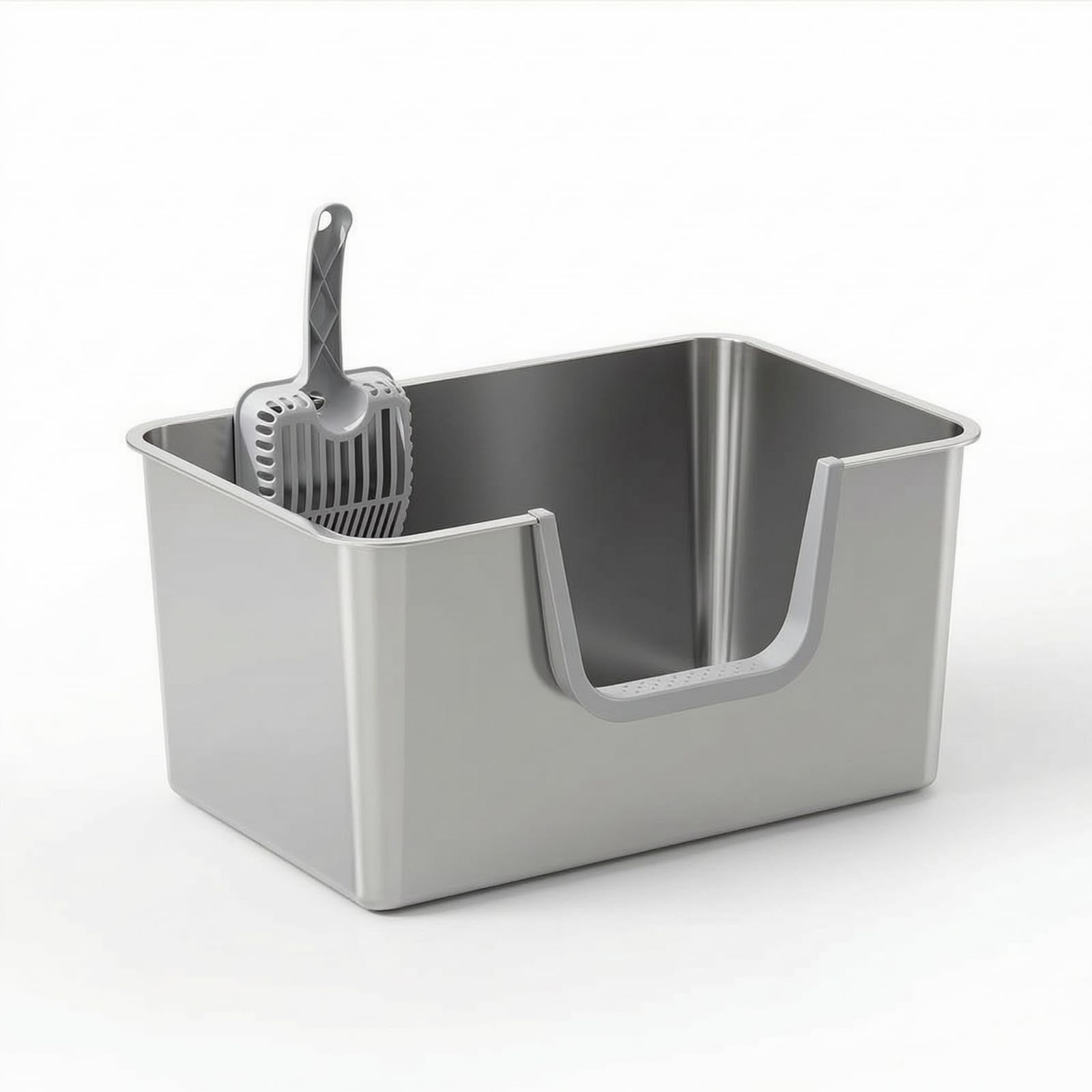 Lettiera in Acciaio Inox con Paletta, Grigio Chiaro, Apertura Laterale, Con Paletta Per Lettiera Extra Large E Adesivi Antiscivolo