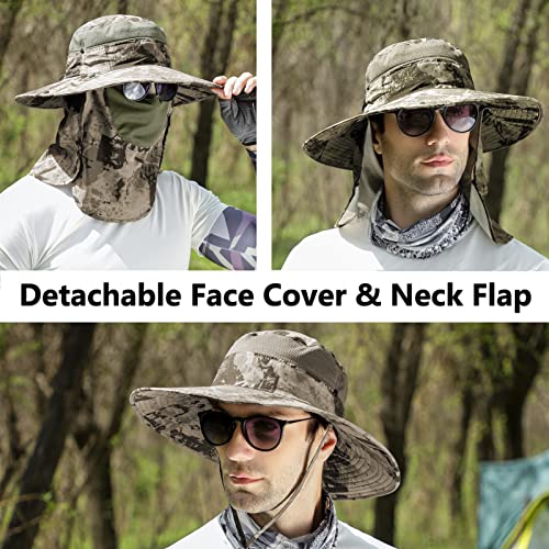 Image of UPF 50+ Sun Fishing Hat for Men Women Wide Brim Hat with Detachable Face Cover & Neck Flap