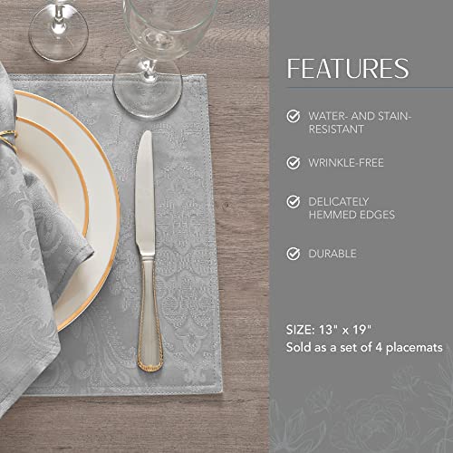Elrene Home Fashions Caiden Elegance Damask Fabric Placemats (Set of 4), 13" x 19", Silver - Image 3