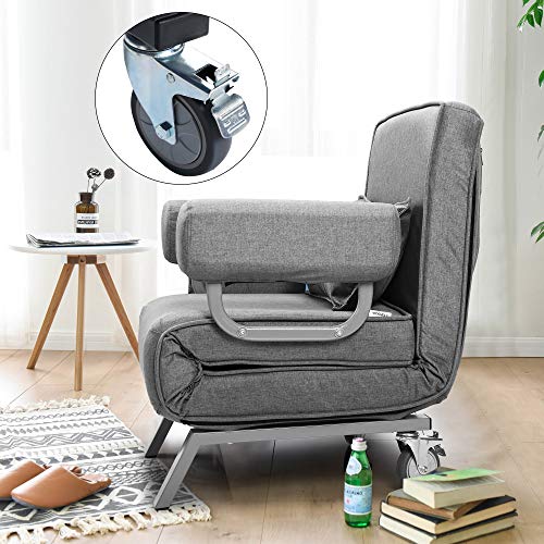 Convertible Sofa Bed Folding Arm Chair Sleeper Leisure Recliner Lounge Couch 6 Positions Adjustable Backrest (Grey)
