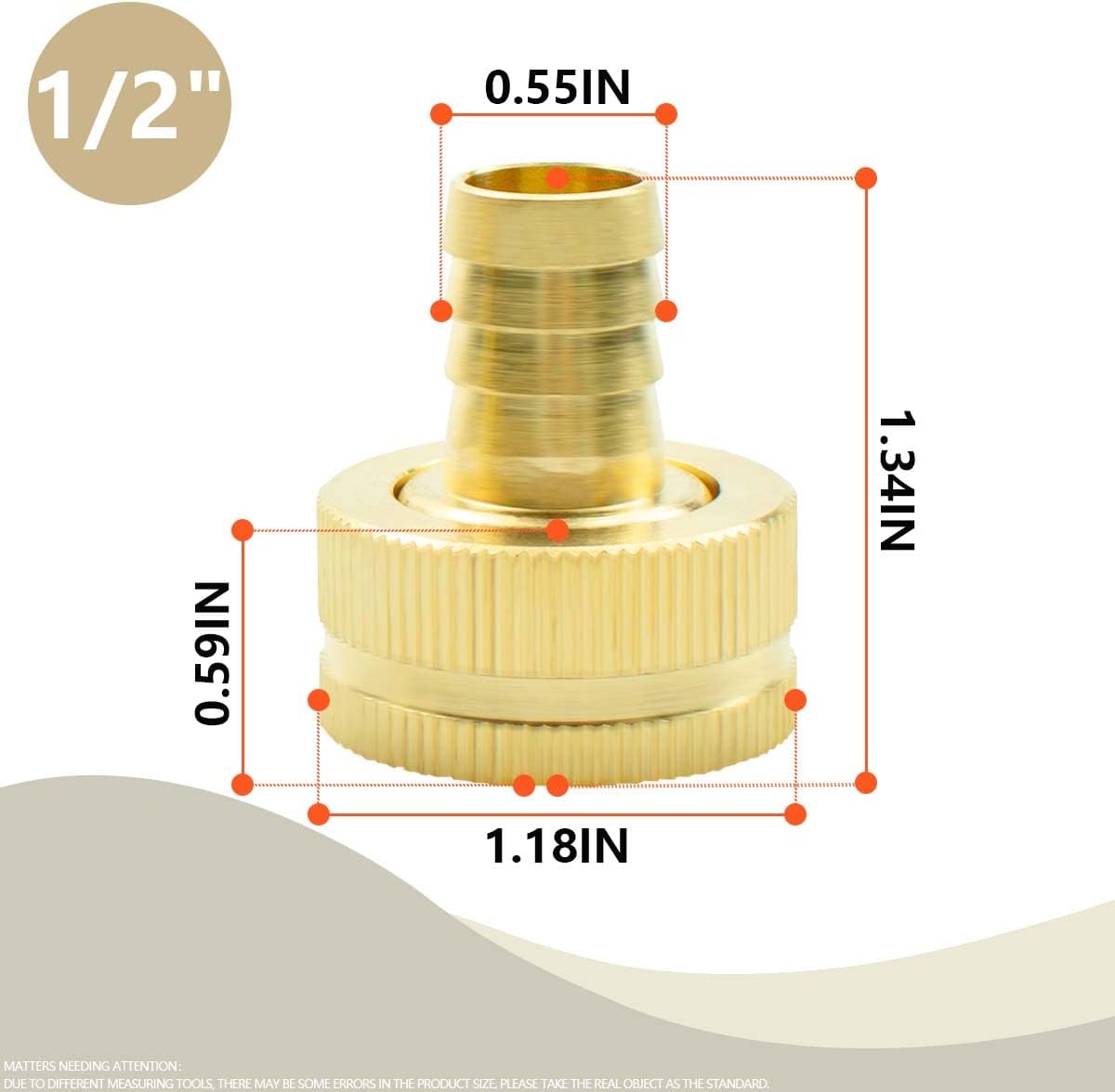 SANATO 6 Pcs Brass Garden Female Hose End Repair Connector, 1/2" Barb x 3/4" Female GHT Thread Fittings with Clamps and Rubber Rings