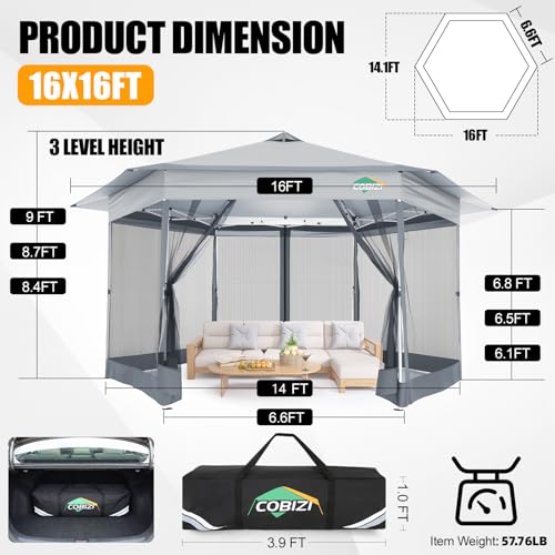 Image of COBIZI 14x14 Pop Up Gazebo Tent with Mosquito Netting, Gazebos on Clearance, Hexagonal Outdoor Canopy Shelter, Patented Center Lock 6-Sided Portable Gazebos, Pop Up Canopy Tent for Backyard, White