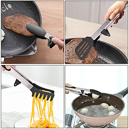 4in1 Stainless Steel Kitchen Food Tongs Set for Cooking with BPA Free Silicone Tips, Toaster Steak Pie Pizza Pasta Spaghetti Noodles Salad Fruit Vegetable Grill BBQ Buffet Clamp Serving Tools Gadgets - Image 3