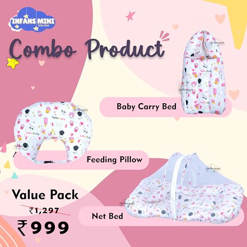 Infans Mini Baby Bedding Set, 3 Pcs Cotton Sleeping Essential|Baby Sleeping Bag|Mother Nursing Feeding Pillow|Mosquito Net Bed for 0-6 Months (Panda Pink)
