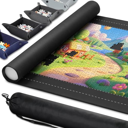 MoKo Jigsaw Puzzle Mat Roll Up, 46' x 26' Puzzle Saver Pad with 4 Sorting Trays & Travel Storage Bag, Non-Slip Rubber Bottom & Smooth Surface, Portable Puzzle Keeper Up to 1500 Pieces