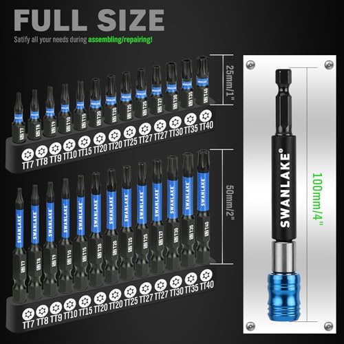 Image of SWANLAKE Impact Torx Bit Set, 27-piece (TT7-TT40) 1''&2'' Security Tamper Proof Magnetic Screwdriver Bits, CNC Machined Tips, S2 Steel Long Torque Star Bits with 4'' Impact Bit Holder and Storage Box
