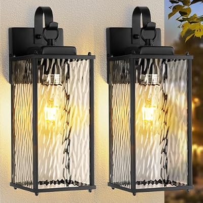 Sparluvix Outdoor Lights for House with Water Ripple Glass Modern 2-Pack, IP65 Waterproof Porch Lights Outdoor Wall Sconces Matte Black Patio Garage Coach Lighting Exterior Lanterns Wall Mounted, 15"