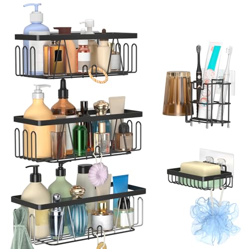 STEUGO Rustproof Stainless Steel Shower Caddy 5 Pack, Bathroom Storage Accessory Shelf Organiser No Drilling Hanging with Soap Holder and Toothbrush Holder, Kitchen Wall Mounted Corner Decor,Black. - Image 2