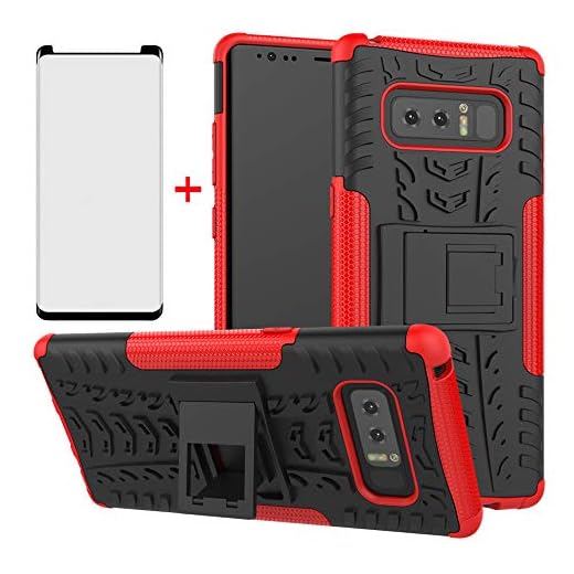 Phone Case for Samsung Galaxy Note 8 with Tempered Glass Screen Protector Cover and Stand Kickstand Slim Hard Rugged Hybrid Cell Accessories Glaxay Note8 Not S8 Galaxies Gaxaly Cases Women Black Red