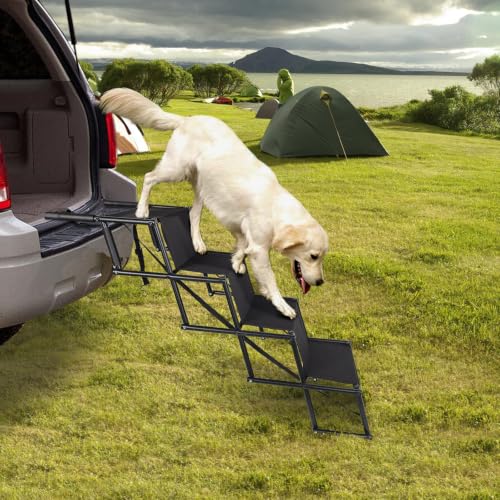 CALIYO Hundetreppe Auto Klappbar bis 75KG für Große Hunde, Höhenverstellbare 4-Stufen-Hundetreppe, Geeignet für Autos, Sofas und Betten, Gelenkschonende, sichere und stabile（Schwarz）
