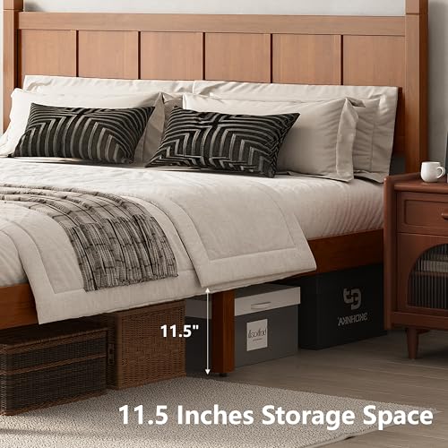 Image of Queen Size Vintage Bed Frame with Headboard, Farmhouse Wooden Platform Bed with Under-Bed Storage, Minimalist Modern Wood Grain Finish Bedframe for Bedroom (Light Walnut)