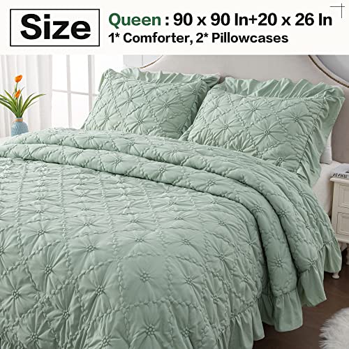 Andency Sage Green Comforter Queen Size Pinch Pleat Ruffle Comforter Set, 3 Pieces Pintuck Boho Shabby Chic Fringe Comforter Set, Soft Microfiber All Season Down Alternative Bedding Set #TOP6