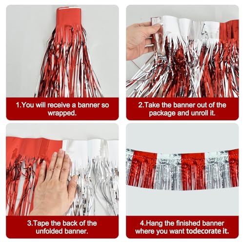 Image of BEISHIDA 3 Packs Red Silver Metallic Foil Fringe Garland Red Silver Wall Hanging Tinsel Fringe Banners for Halloween Floats Bridal Shower Wedding Birthday Graduation Holiday Party Decoration(30 Ft)
