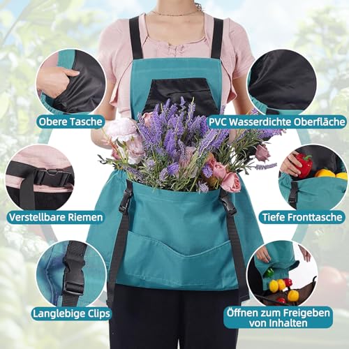 Gartenschürze, Gärtnerschürze mit Schnellverschlusstasche, Schürze Wasserdicht, Garten Zubehör zum Pflücken von Obst, Gemüse und Blumen, Verstellbare Kreuzgurte, Gärtner Geschenke für Damen und Herren