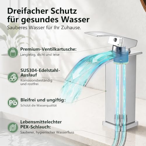 HOMELODY Wasserhahn Bad Chrom, Bleifreie Wasserfall Waschtischarmatur Bad – Ansicht 2