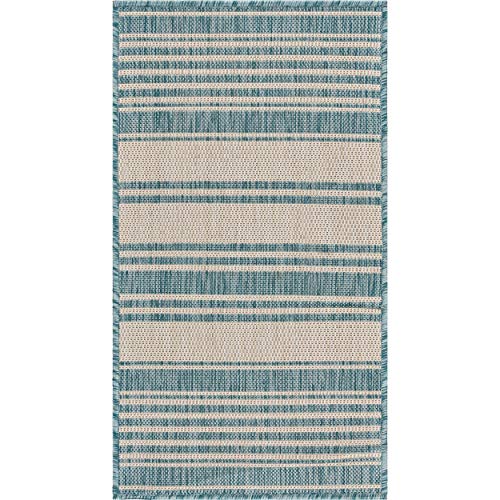 LR Home Ox Bay Seamas Coastal Beach Bay Striped Indoor/Outdoor Accent Rug, White/Blue, 1'10" x 3'0"