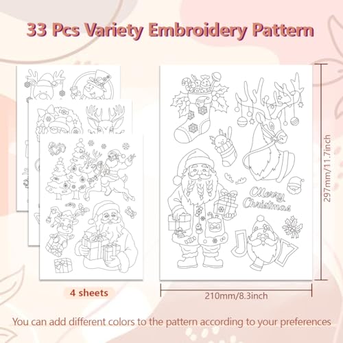 Image of Peacoblue Water Soluble Embroidery Patterns for Beginners, Santa Claus, Reindeer 4 Sheets with 27pcs for Christmas Xmas, Wash Away Embroidery Pattern Stabilizer for Hand Sewing Lover Women Adults