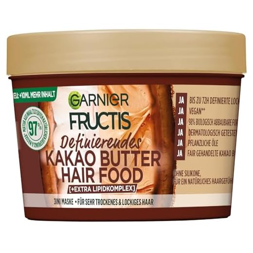 Garnier Fructis definierende Kakao Butter Haarmaske, Leave-In für trockenes und lockiges Haar, Für gebändigtes, Geschmeidiges Haar, Mit Sonnenblumenöl, Jojobaöl, Kokosnussöl, Hairfood, 3in1, 400ml