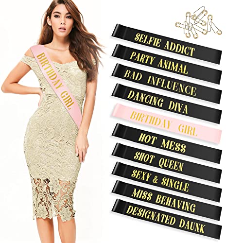10 Stück Geburtstagsschärpen für Frauen Gruppe, Happy Birthday Party Supplies Schärpe Gastgeschenke Dekorationen für Frauen, Geburtstag Squad Mädchen Glitzer Schärpen Set, 9 lustige Schärpen Cover