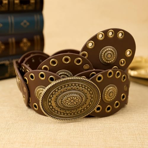 Bohemian Hollow Disc Leather Belt for Women Vintage Western Concho Waist Belts Boho Cowgirl Cowboy Country Belt3