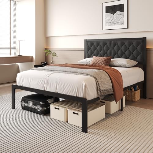 Full Bed Frame with Headboard Linen Upholstered Bed Frame Platform,All Metal Slats Support Platform Bed Frame with Storage Space,Easy Assembly,Noise Free,No Box Spring Needed,Grey