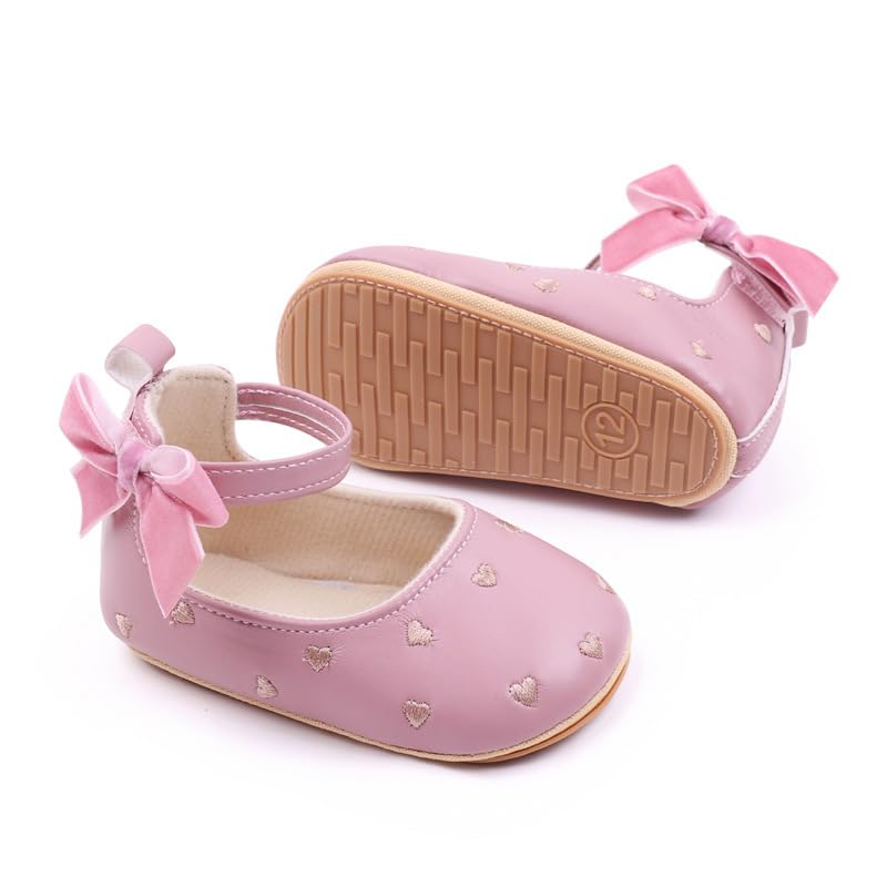Baby Girls Mary Jane Flats Heart Embroidery Non Slip Soft Sole Bowknot Princess Wedding Dress Shoes Toddler First Walkers Infant Newborn Baptism Crib Shoes2