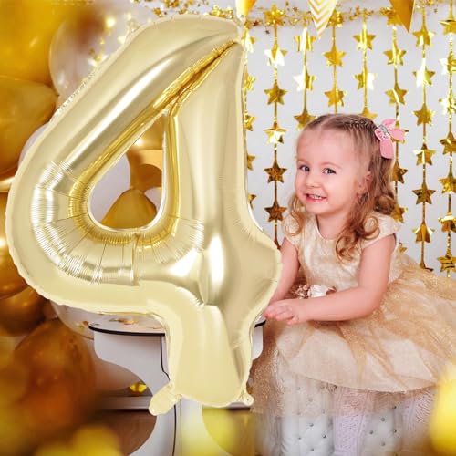 Image of Champagne Gold Large Number 4 Balloon, 40 Inch Light Gold Foil Helium Number Balloons, Giant Mylar Number 4 Balloons for 4 Years Old Birthday Party Anniversary Decorations