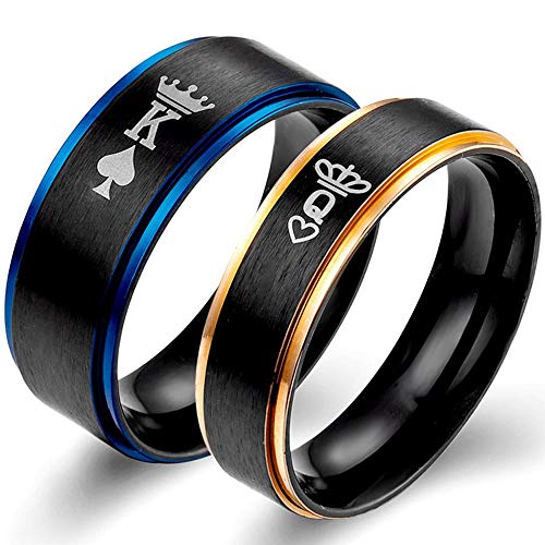 XAHH Matching Set Couple Ring King Queen Crown Heart Titanium Steel Promise Wedding Band Black Blue Men Size 10