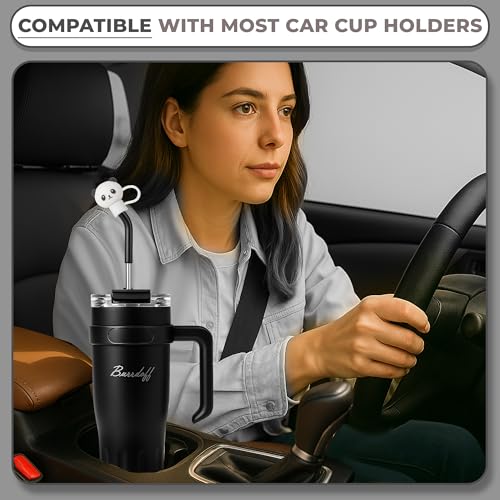 Image of Insulated Tumbler with Straw Lid and Handle (1200 ML) Double Wall Sipper Water Bottle for Adults, Tumbler Bottle with Straw (Black, 1200 ML, with Panda Straw Coverr)
