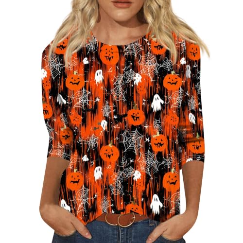 Image of Women Spooky Halloween Graphic Shirt 3 /4 Length Sleeve Crewneck Top | Halloween Funny Printed Pumpkin Plus Size Tshirts 2026 Fall Outfits Skeleton Tee Going Out Tops