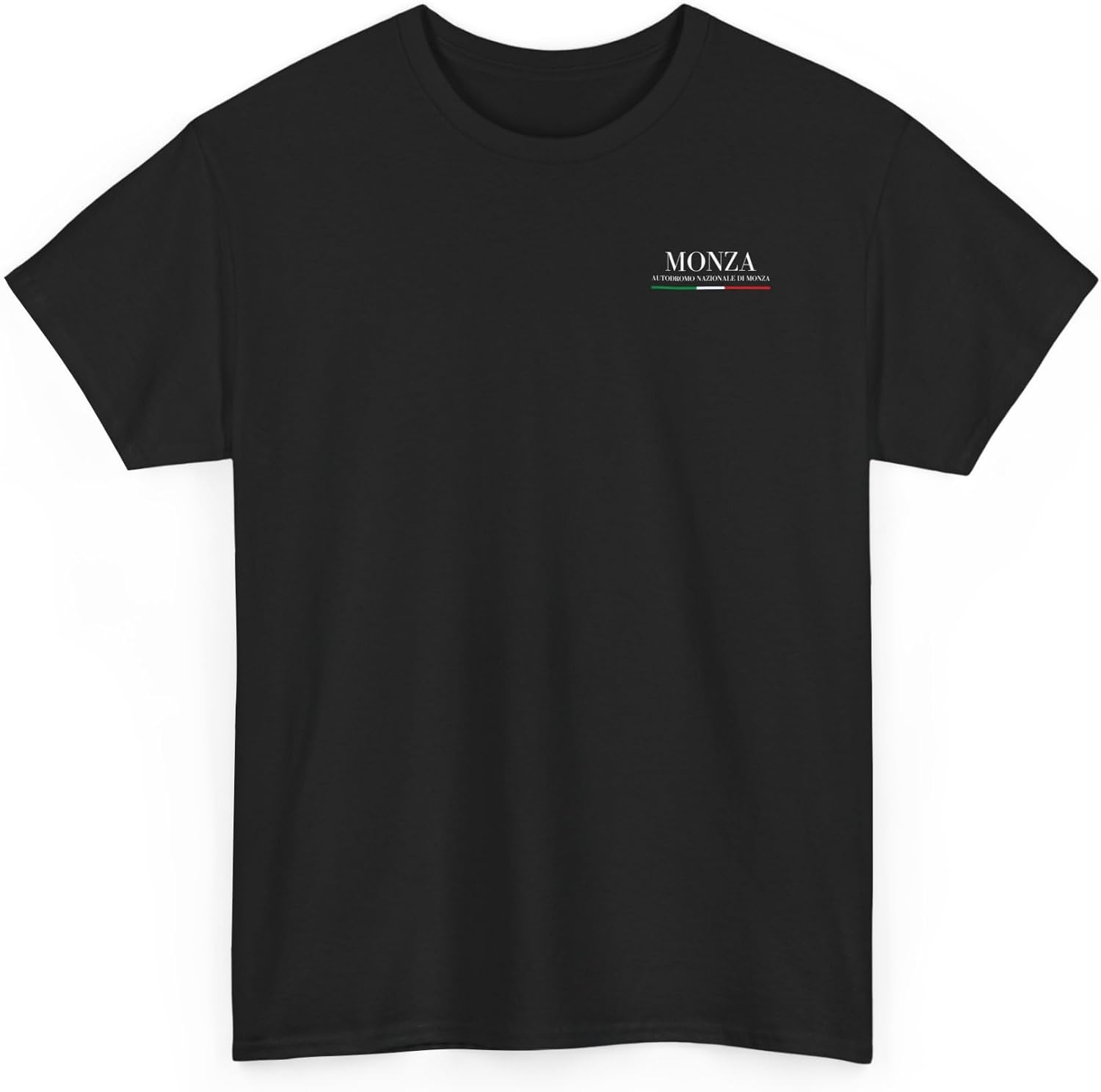 Фронт view of the black t-shirt with a small 'MONZA' logo and Italian flag colors on the left chest.