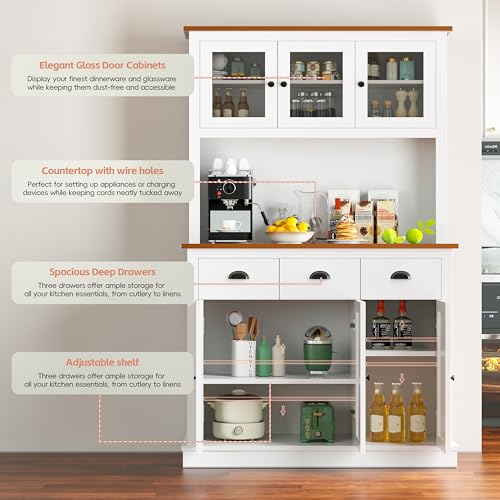 Image of MU 71 inch Kitchen Pantry Cabinet with Charging Station, Tall Pantry Hutch with Drawers, Countertop & Microwave Shelf, Food Storage Cabinet for Dining Room & Coffee Bar, White