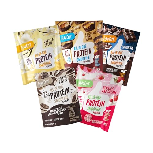FlavCity All in One Protein Shake Powder Packets - On the Go Meal Alternative + 25g Protein & 10g Collagen Made with Organic Reishi & Cordyceps Mushrooms - No Added Sugars Variety 10 Pack