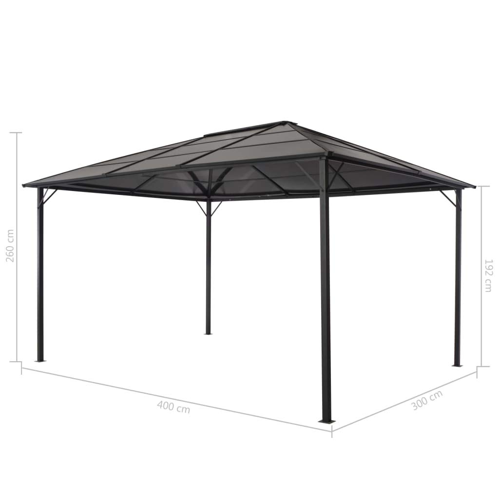Aluminiowy pawilon 4x3x2,6 m czarny | Odporna na korozję stalowa rama, dach PC 6 mm, w zestawie zaczepy haczykowe, szybki montaż
