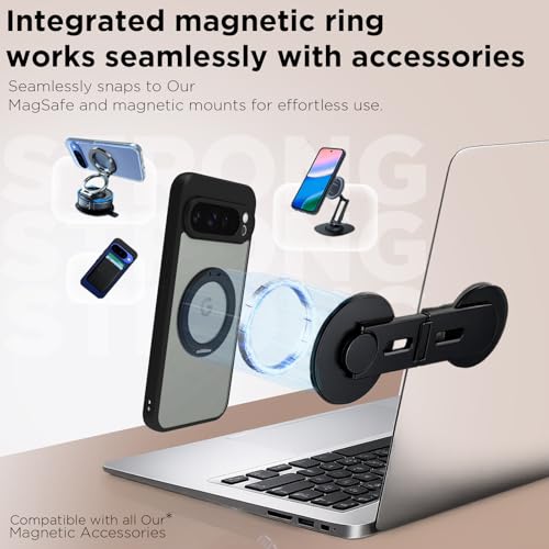 Image of RIGGEAR Shockproof Sleek Hybrid Armor 360 Rotating Magnetic Ring Stand Back Cover Case Compatible with MagSafe Accessories for Google Pixel 9 Pro XL (Clear PC + Black TPU Bumper)
