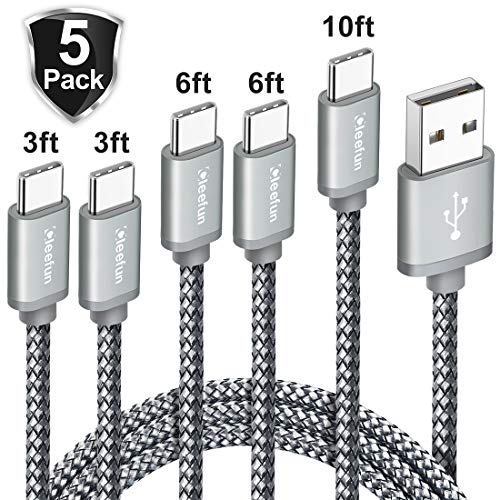 CLEEFUN USB Type C Charger Cable [5-Pack, 3/3/6/6/10 ft], Double Nylon Braided Cord