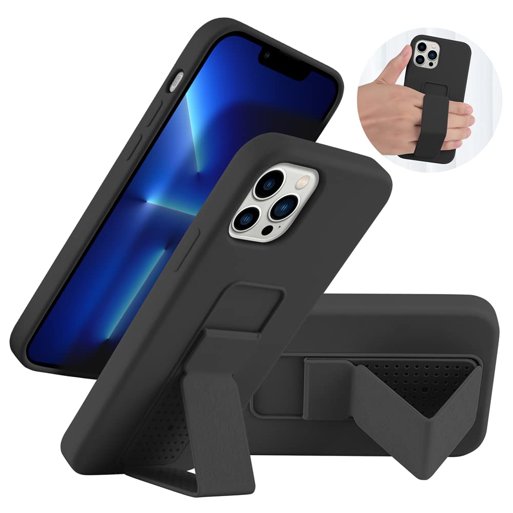 LAUDTEC Silicone Kickstand Case Compatible with iPhone 13 Pro Max case Vertical and Horizontal Stand Hand Strap Metal Kickstand, Flexible Soft Liquid