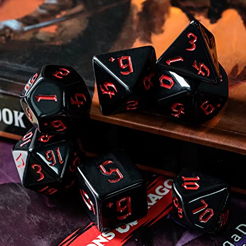 Image of 7-Die Polyhedral DND Dice Set, Black D&D Dice with Leather Pouch for Role Playing Games, Black with Red Number, D4 D6 D8 D10 D12 D20 D%