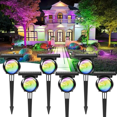 Image of Focusing Solar Spot Lights Outdoor Waterproof, RGB+3CCT Tree Uplights 6Pack | Multicolor Focused Lens Spotlight, Dusk-to-dawn Light, Stake or Wall Mounting for Yard Landscape Garden Path Halloween Decor