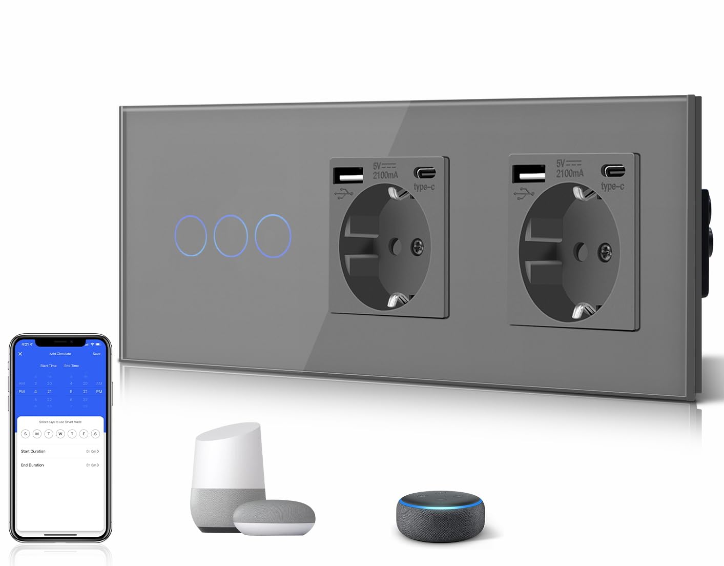 BSEED BSEED 3 Gang 1 Vía Interruptor de Luz Táctil Inteligente WIFI con Doble Schuko Tipo C y USB Enchufe Estándar, Compatible con Alexa/Tuya/Smart Life (Requiere Cable Neutro) Gris