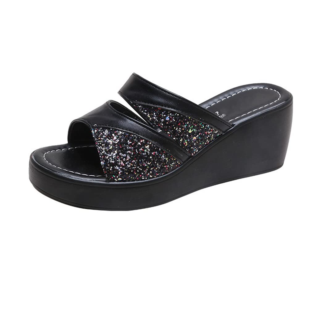 TKer New Summer Glitter Wedge Sandals, Platform Comfortable Sandals for Women Fish Mouth Slippers, Arch Support Non-Slip Outdoor Beach Shoes (Size:35 EU,Color:Black)