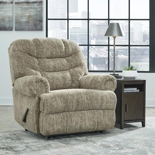 Image of Signature Design by Ashley Recliner, Oversized Taupe, Movie Man | Plush polyester velvet upholstery, Space-saving wall hugger needs 3 in of room, Extra-wide seating for big & tall comfort