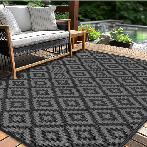 Outdoor Patio Plastic Straw Rug - 4x6 ft Outdoor Camping Rug Waterproof Reversible, Area Carpet Patios Clearance RV, Outside Porch Balcony Deck for Camper, Black & Grey