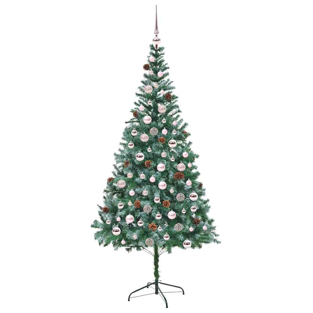 Sztuczna choinka zielona, 210 cm, PCW i stal, z 300 diodami LED o ciepłej białej barwie, 8 trybów, do użytku wewnątrz i na zewnątrz, łącznie z kulkami i koronką, świąteczna dekoracja