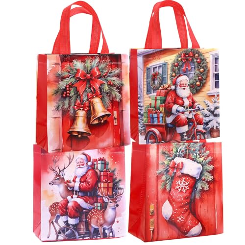 moin moin ラッピング クリスマス 手さげ袋 ビニール 袋 バッグ 4種セット Mサイズ 22×23×11cm PP 耐久性 エコバッグ 繰り返し使える ギフト プレゼント/リアル イラスト サンタさん トナカイ プレゼント ツリー レッド 241