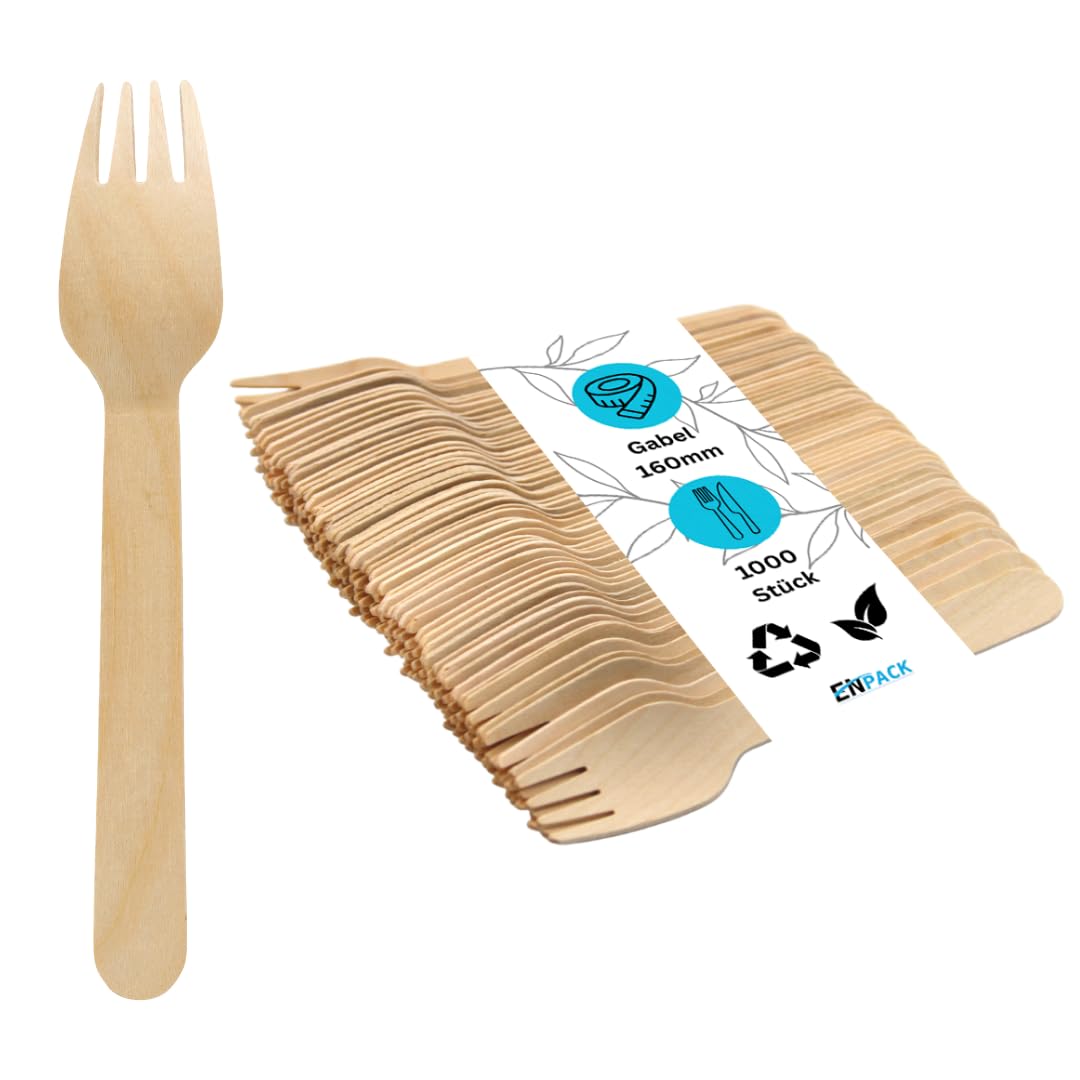 Enpack Holzgabeln Einweg 1000 Stück - Besteck Einweg (Gabeln) 160mm - Kuchengabeln Pommesgabel Fingerfood Zubehör - Gabel aus Holz für Grillparty, Picknick, Partygeschirr - Einmalbesteck Einweg Gabel